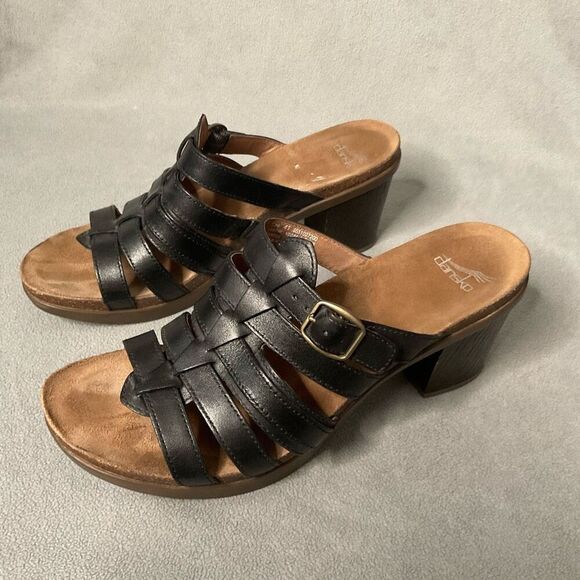 DANSKO Slide Sandals Women 10,5(41 )Dina Black Leather High Heel Stappy Open Toe - Picture 3 of 9